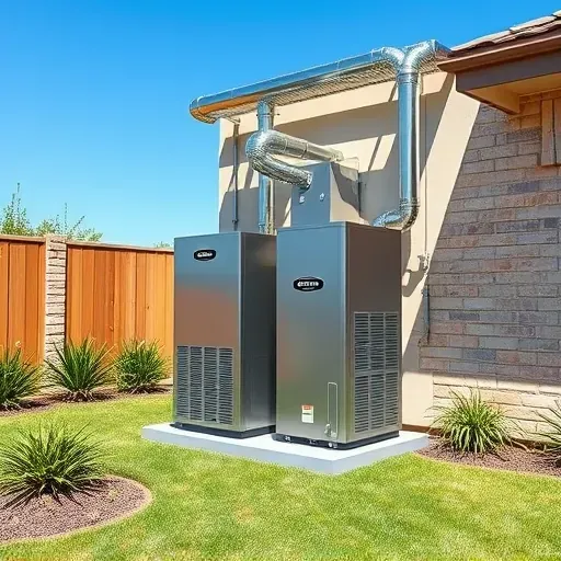 Modern HVAC system with sleek furnace and ductwork in landscaped Lakeside, TX backyard under clear blue sky.