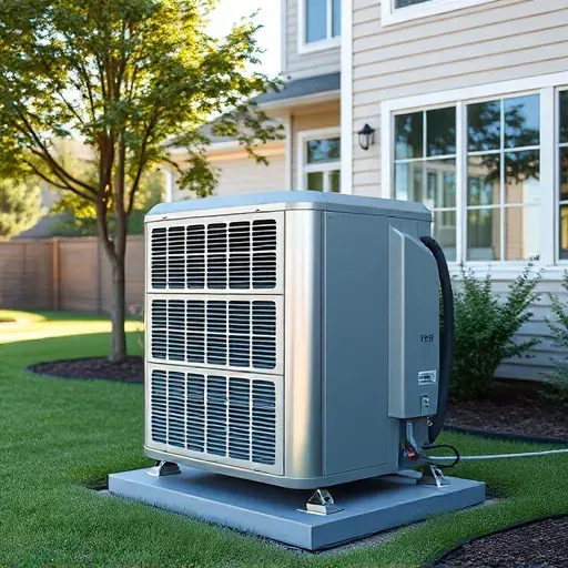 Freshly repaired energy-efficient outdoor air conditioning unit in Benbrook TX amid lush backyard with house and greenery