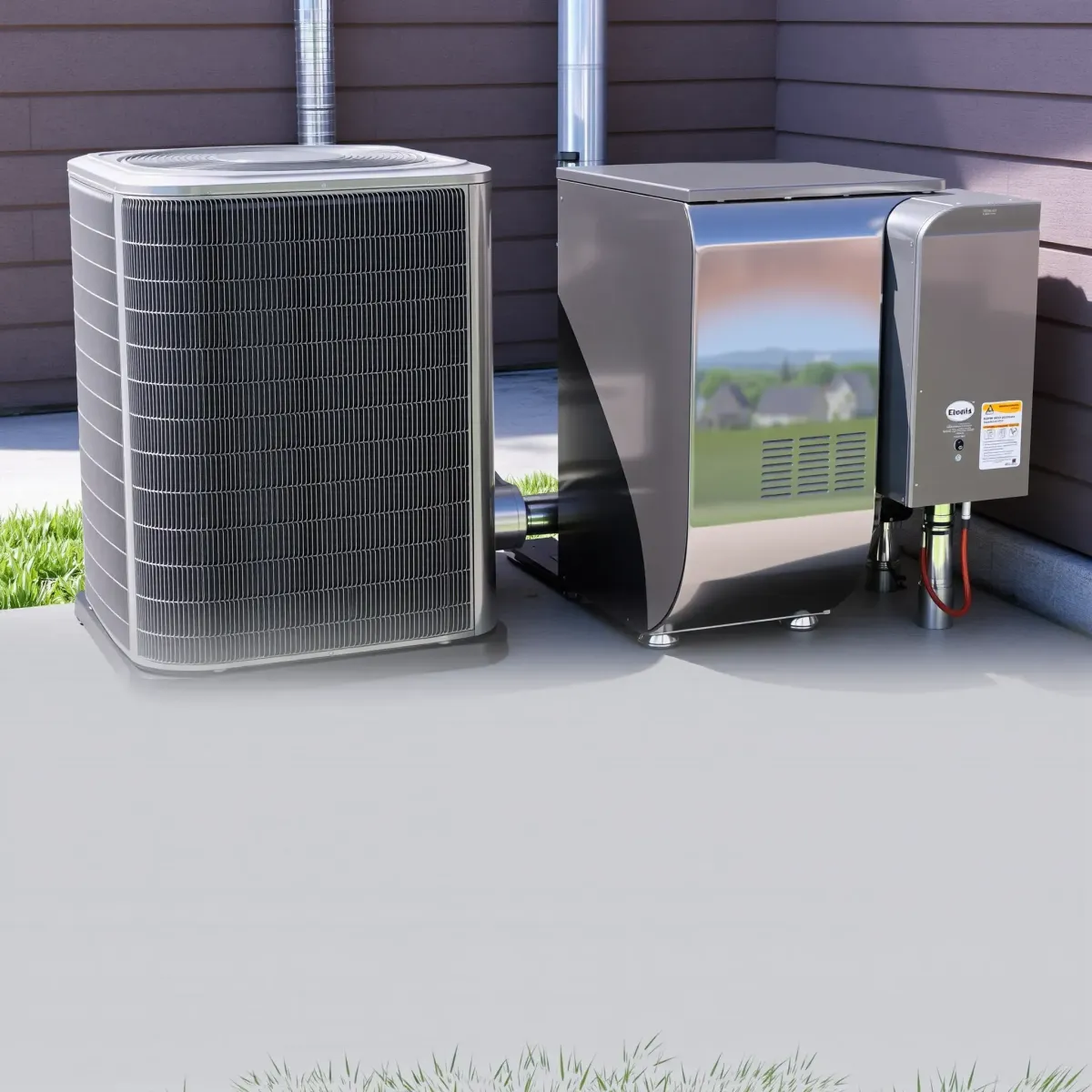 Outdoor HVAC system installed in a landscaped Azle, TX yard with suburban homes, lush grass, and a clear sky.