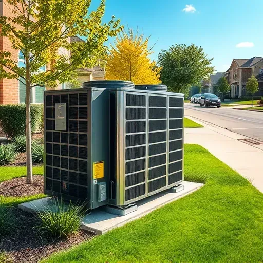 Outdoor modern HVAC unit in Lake Dallas, TX, with sleek black finishes amid lush landscaping on a sunny day.