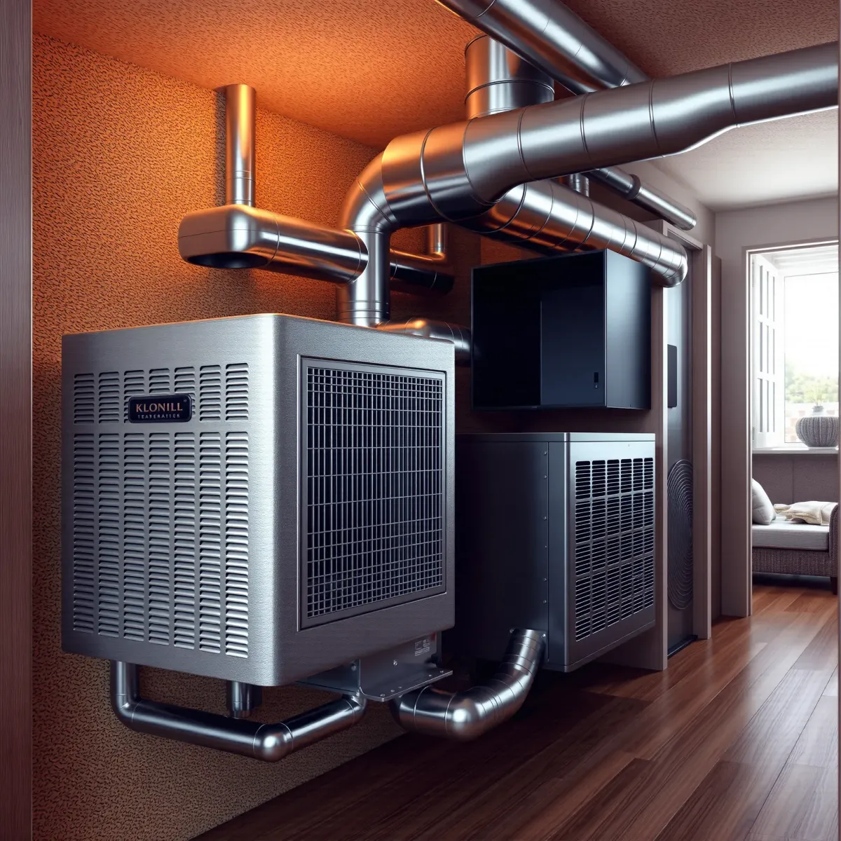 High-quality HVAC unit installed on a Roanoke, TX rooftop, with lush backyard, blue skies, and suburban surroundings.