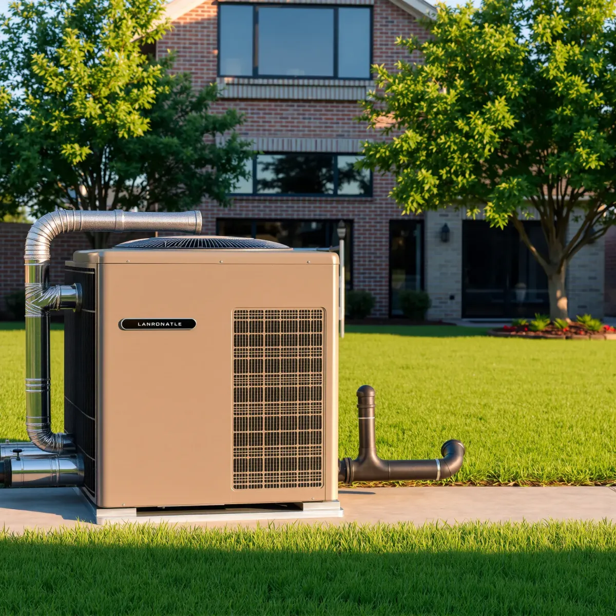 A modern, well-installed HVAC unit in a lush River Oaks backyard, highlighting quality craftsmanship and professional setup.