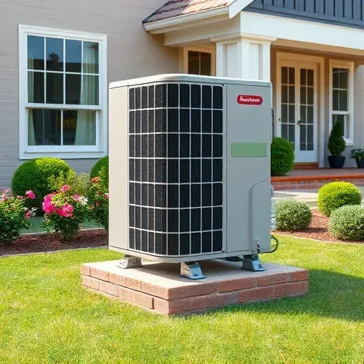 Outdoor modern air conditioning unit on brick pad in a landscaped yard in Watauga, TX, with a suburban house in the background.