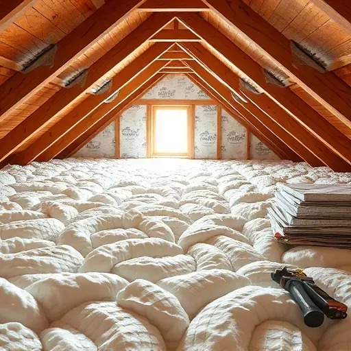 Bright attic with neatly fitted fiberglass insulation between wood joists, sunlight streaming through a small window in Fort Worth TX