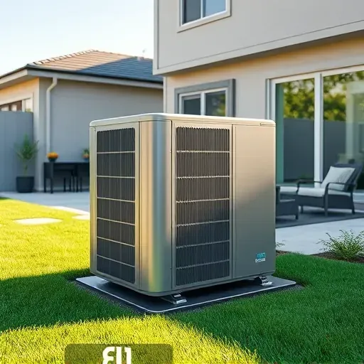 Modern outdoor heat pump installed in a landscaped residential backyard in Fort Worth TX with lush grass and a contemporary house