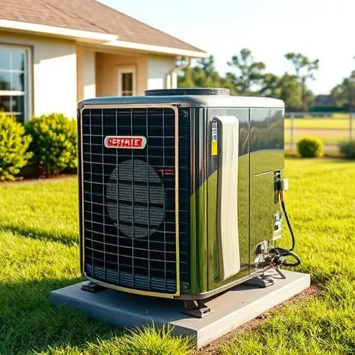 Outdoor residential AC unit in Annetta, TX, with shiny metallic surfaces, surrounded by lush greenery and modern home.