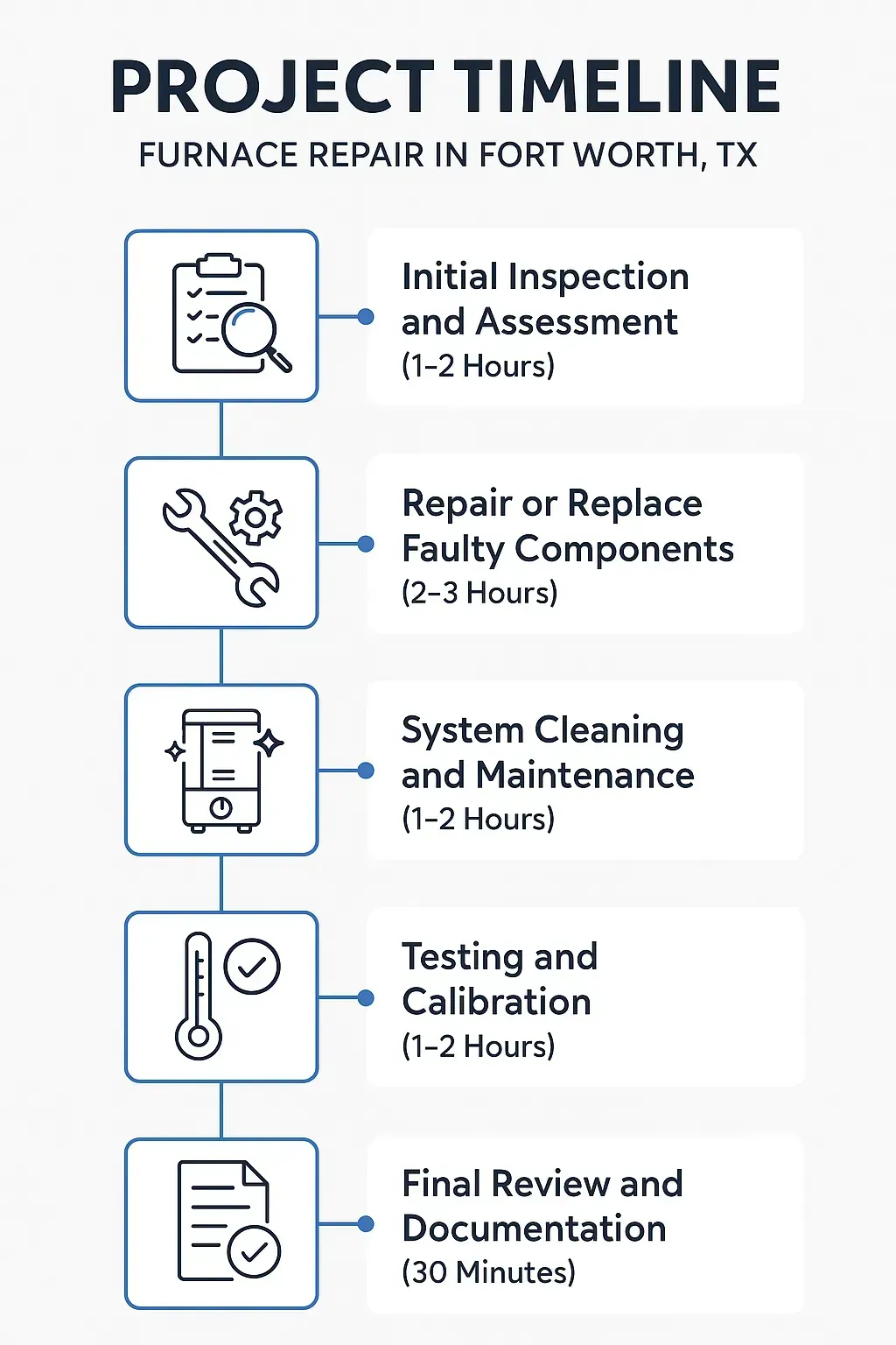 Infographic showcasing a five-step timeline for Furnace Repair in Fort Worth TX with clear visuals and minimal text.