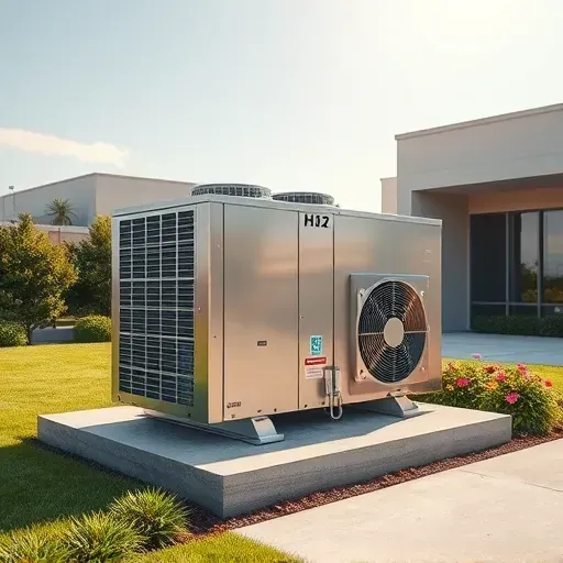 Outdoor HVAC system in Crowley, TX with sleek metal units on a clean concrete slab, lush landscape, and bright sky.