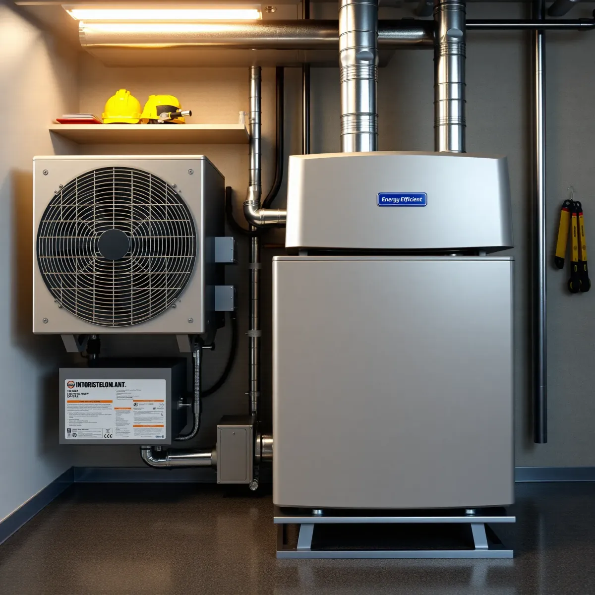 Modern residential HVAC system in a tidy utility room with large windows, lush greenery, and bright sunny outdoor scene.