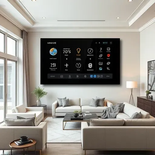 Modern living room with sleek smart home control panel displaying climate, security, and lighting data in Fort Worth TX