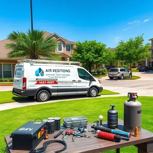 Professional air conditioning repair service van in Lake Worth TX with tools and a suburban neighborhood background