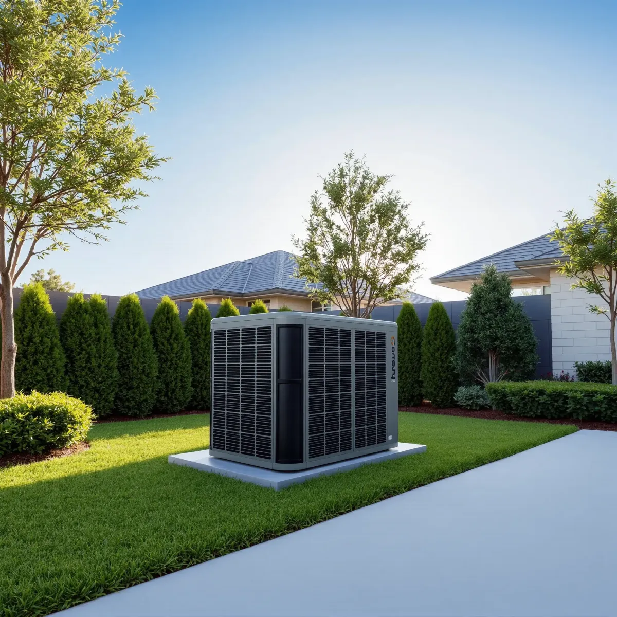 Modern outdoor HVAC unit installed outside a contemporary house in Lake Worth, TX, with lush greenery and clear sky.