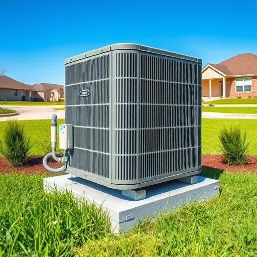 Well-maintained outdoor air conditioning unit in Crowley TX on a concrete slab with green grass and a clear blue sky