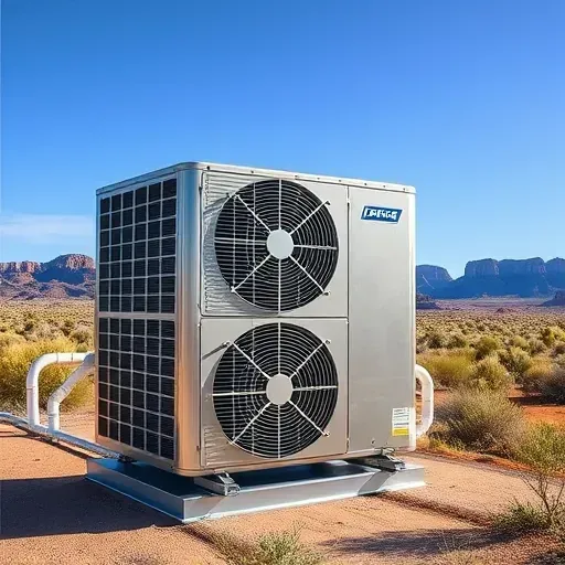 Newly installed, modern HVAC unit on exterior wall overlooking Horseshoe Bend, TX landscape with rugged rocks and desert.