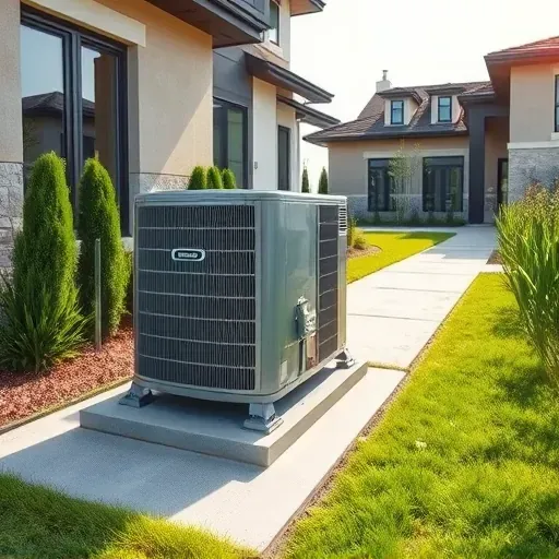 Outdoor serviced air conditioning unit on concrete pad with green grass, shrubs, paved path, modern house, clear sky