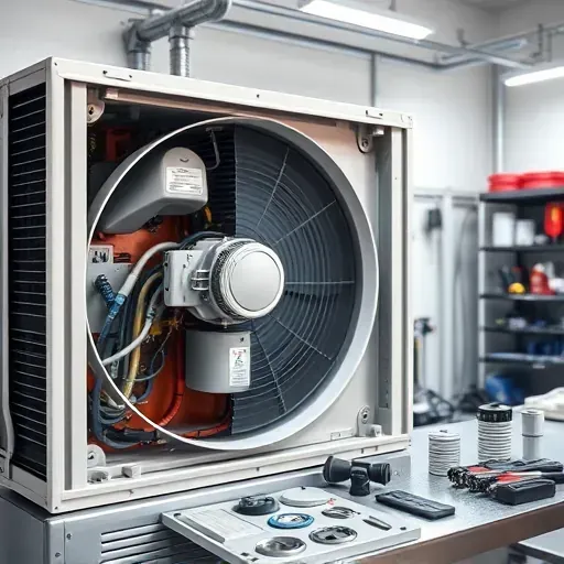 Interior view of a modern air conditioning unit with visible components in a tidy repair workspace with tools and parts.
