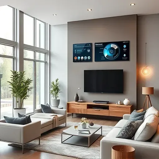 Modern living room with wall-mounted touchscreens, smart thermostats, security cameras, ambient lighting, sleek design.