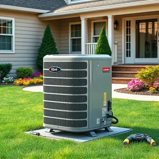 Serviced outdoor residential HVAC unit in Corinth, TX, with lush lawn, colorful garden, and suburban home backdrop.