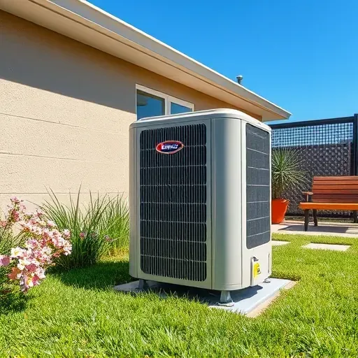 Repaired outdoor air conditioning unit in a sunny, well-maintained backyard with lush grass, flowers, and a cozy home setting