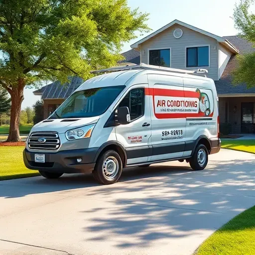 Professional AC repair scene on a modern outdoor unit in Lake Dallas, TX, with lush lawn and clear blue sky.
