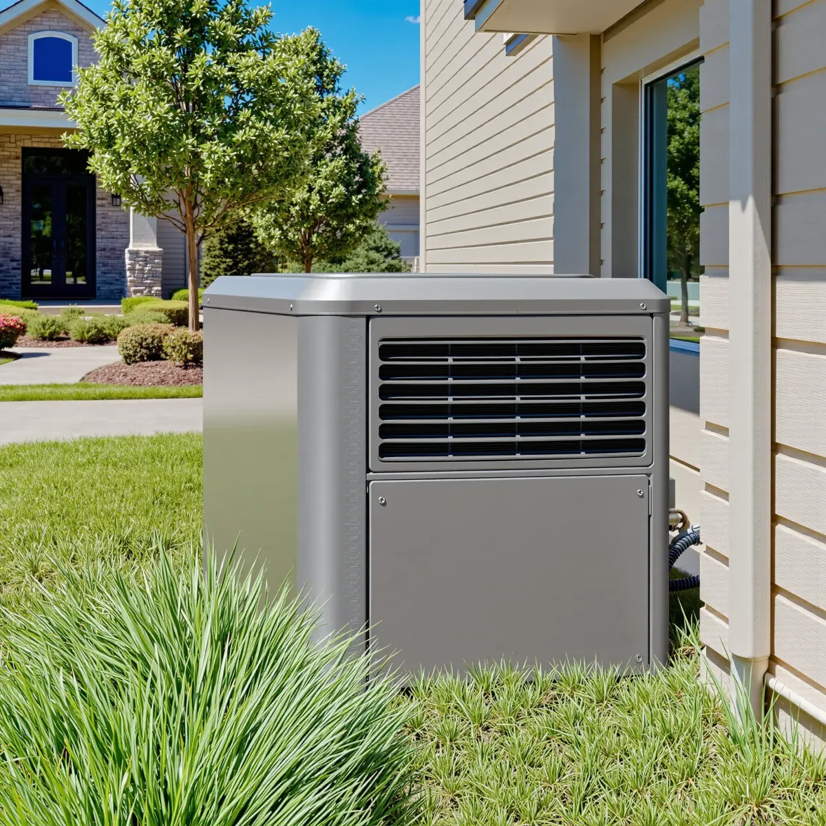 Serviced outdoor AC unit outside a modern Crowley, TX home, surrounded by lush greenery and a pristine patio scene.
