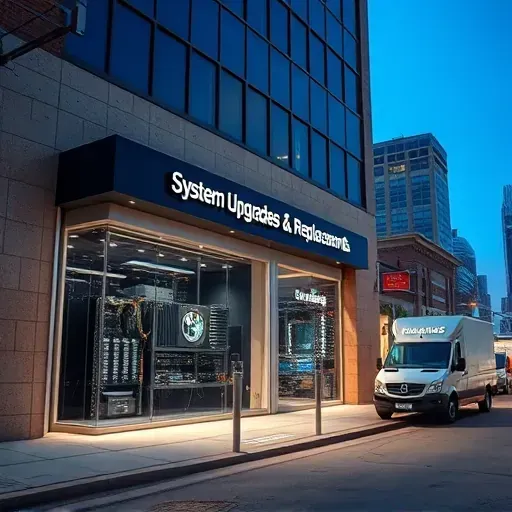 Modern Fort Worth computer repair shop with glass storefront displaying hardware, urban street scene, and clear blue sky