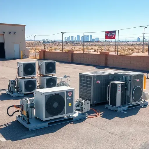 Organized outdoor HVAC service area in Fort Worth with modern units, branded signage, clear skies, and city skyline background
