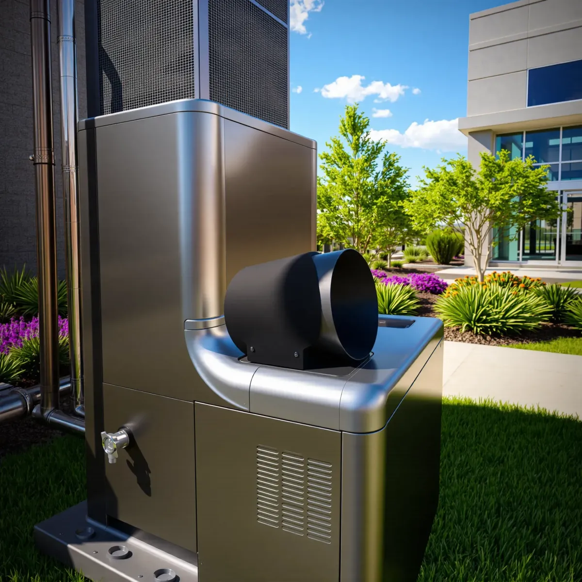 Modern HVAC system in Weatherford, TX, with sleek design, polished metal, precise piping, and stylish outdoor landscaped.