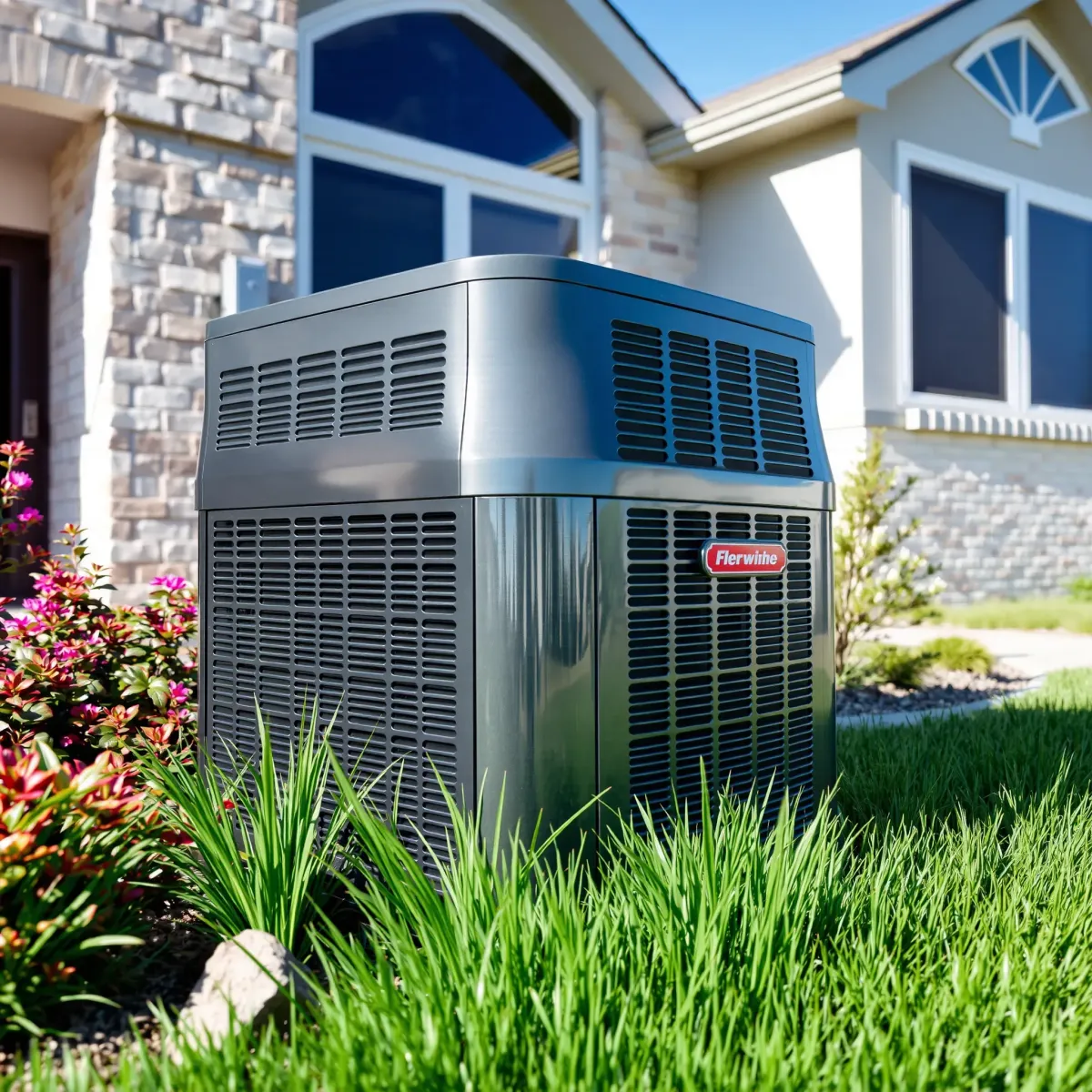 Air conditioning unit on a concrete slab outside a beige house in Benbrook, TX, with tools and lush greenery under a blue sky.