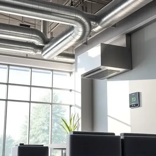 HVAC installation in Westworth Village TX with modern ductwork, sleek unit, ambient lighting, and large windows.