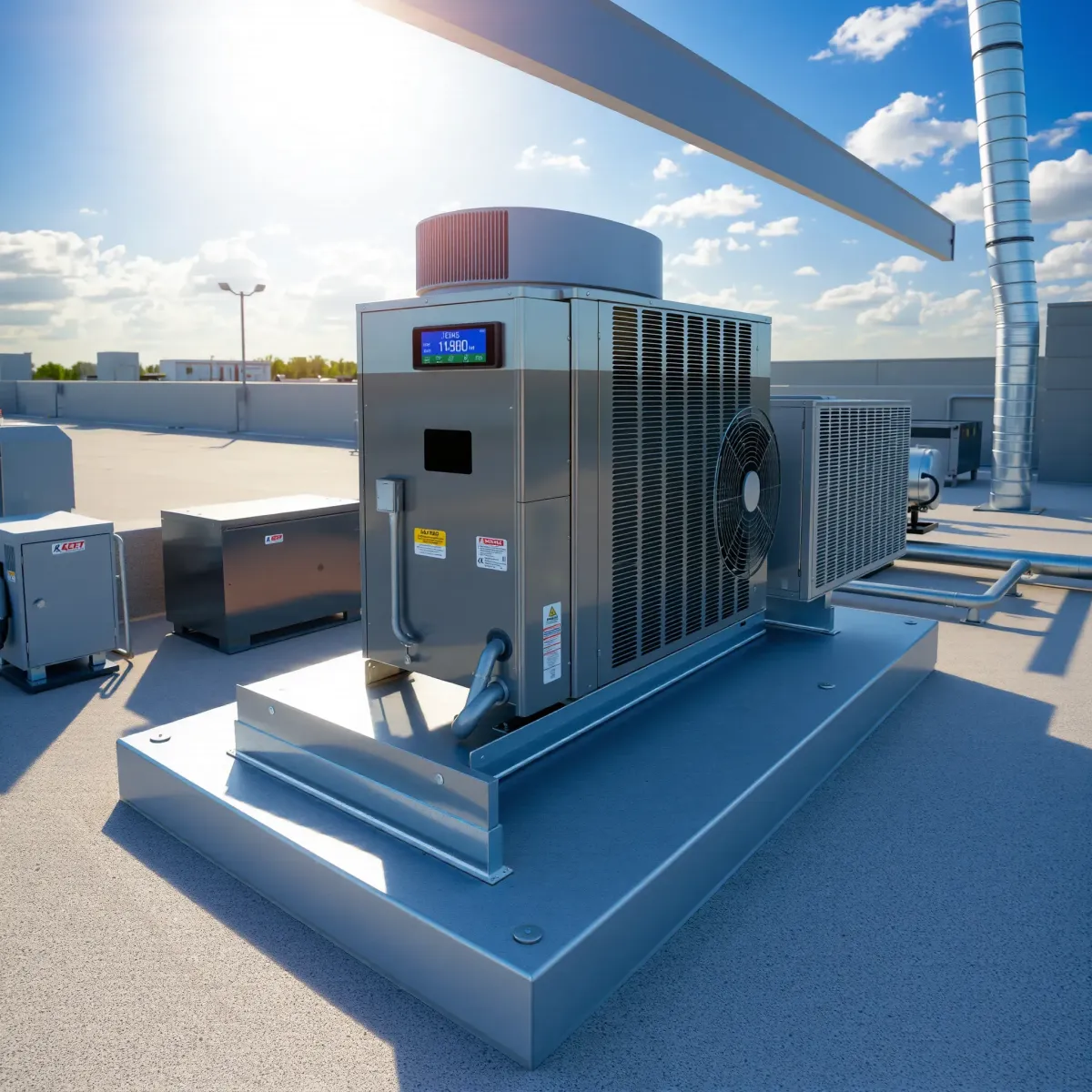 Outdoor modern HVAC system installed in a well-kept yard in Aledo, TX, featuring sleek units, lush greenery, and sunlight reflections.