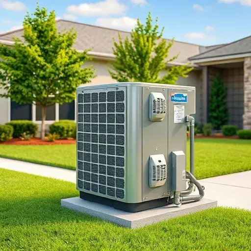 Repaired outdoor air conditioning unit in Haslet, TX, with clean, sleek metal finish, vents, and controls, in a landscaped yard.