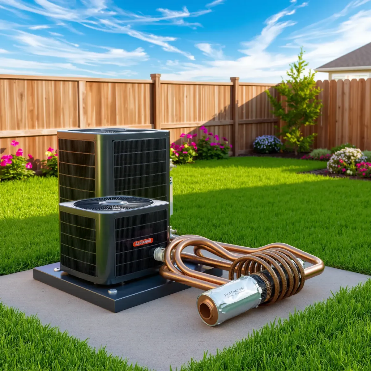 Newly installed HVAC unit in a neat backyard, showcasing sleek design, copper pipes, and a bright, sunny Texas day.