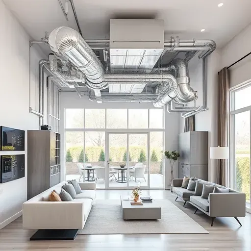 Modern HVAC installation in stylish Hudson Oaks home, showcasing sleek equipment and organized ductwork in a bright setting.