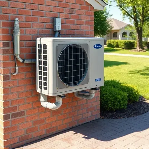Outdoor residential AC unit on brick Wall, lush yard, sunny day, showing vents, pipes, control panel, tidy, professional setting.