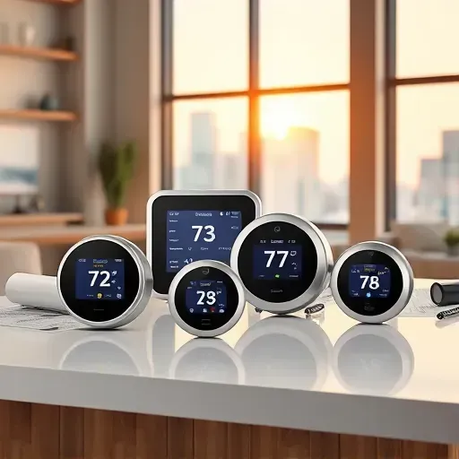 Modern digital thermostats on a sleek surface in a stylish home or office with city skyline view and blueprints for a professional look