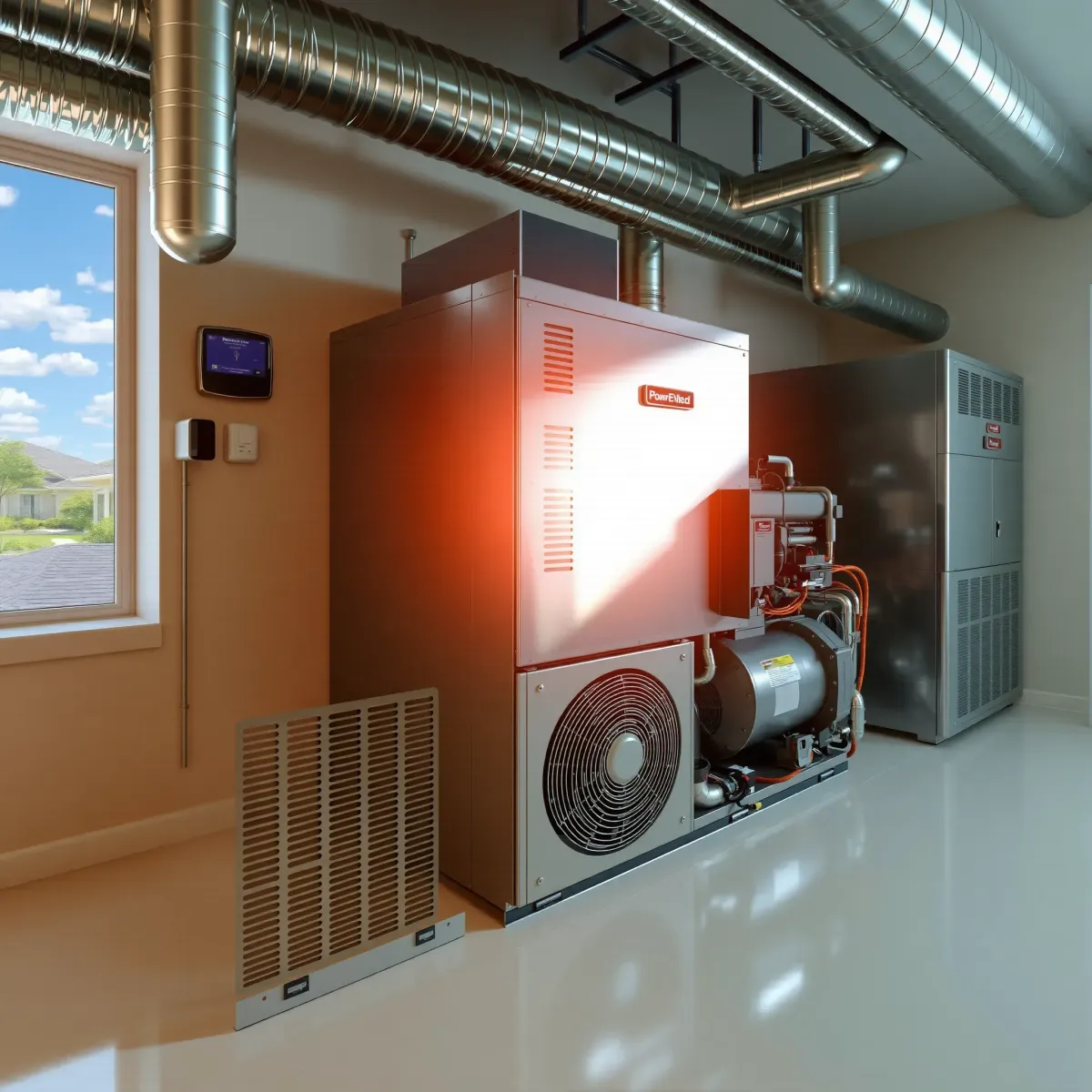 Modern HVAC system installed in a clean utility room in Lake Worth, TX, with ductwork, thermostats, and scenic suburban view.
