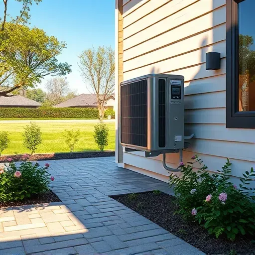Modern outdoor air conditioning unit installed on a house in Hickory Creek Texas with landscaping and clear sky