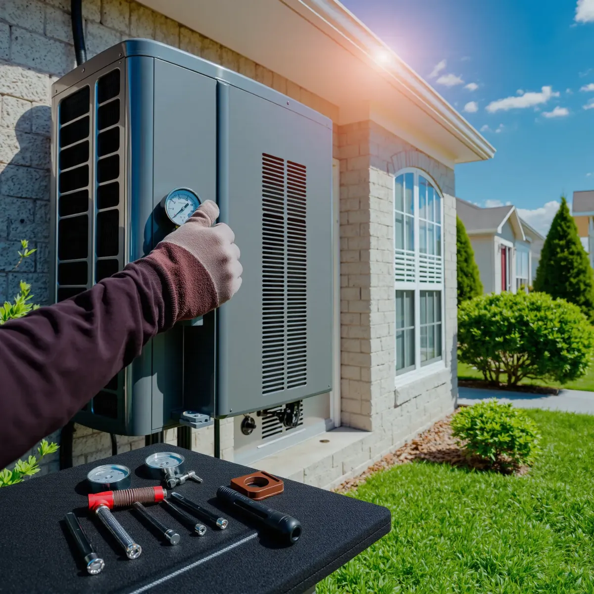 Repaired outdoor AC unit in Hickory Creek, TX, set against a sunny, landscaped yard and modern home, highlighting professionalism.