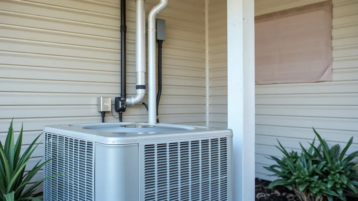 Modern HVAC system installed on a suburban home in Corinth, TX, showcasing sleek design, labeled parts, and seamless duct connections.