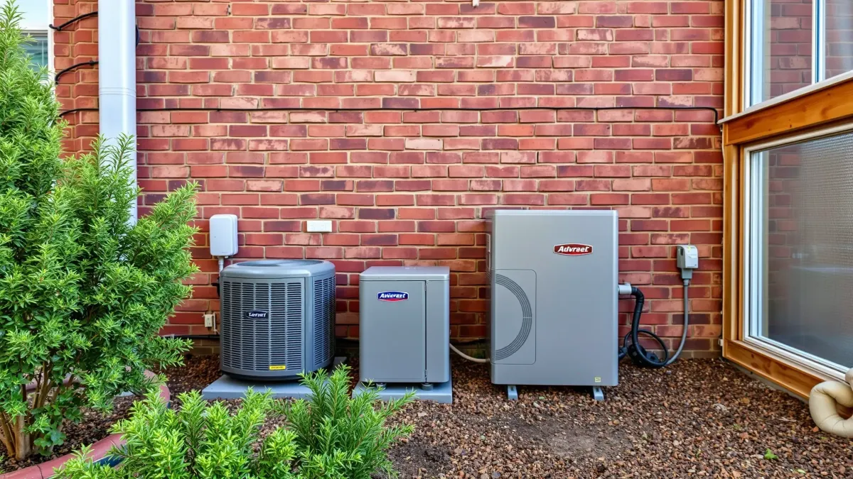 Modern HVAC system with sleek, energy-efficient AC and heater in a well-maintained residential yard in Shady Shores, TX.