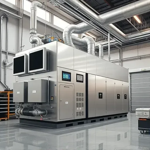 State-of-the-art commercial HVAC system in a clean industrial setting with detailed units, pipes, and digital controls.