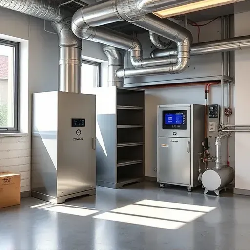 Modern commercial HVAC system with metal vents thermostats ductwork and organized mechanical room scene