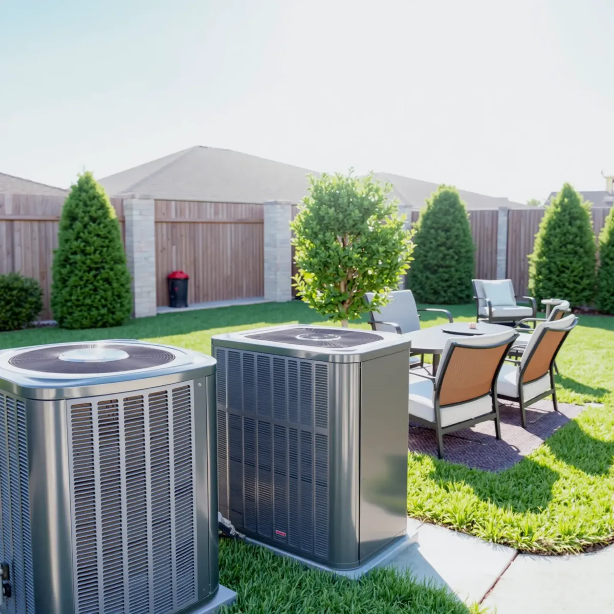 Repaired HVAC unit outside a commercial building in Richland Hills, TX, amid landscaped greenery and clear blue sky.