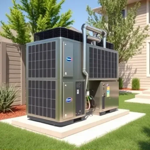 Modern HVAC system installed outdoors in Azle, TX backyard with lush greenery, concrete pad, and suburban home.