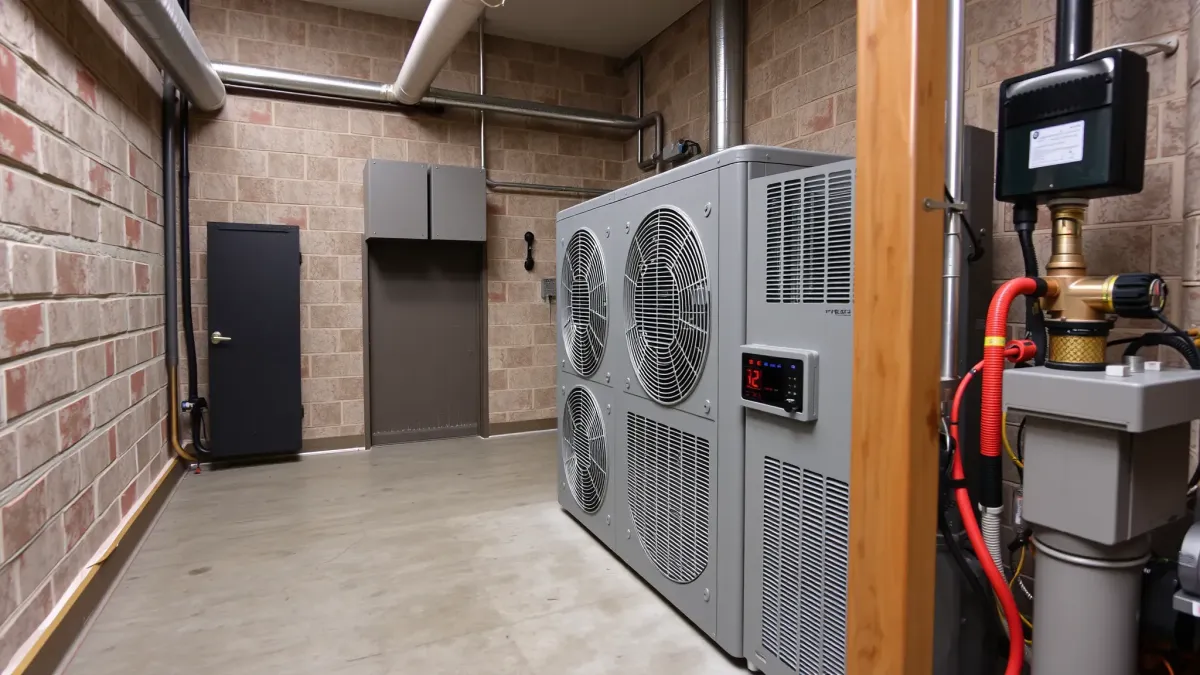 Outdoor HVAC unit in Willow Park, TX with modern panels, digital controls, lush landscaping, and clear blue sky.