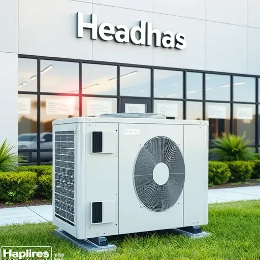 Outdoor new HVAC unit installed at a modern commercial building in Saginaw, TX, with landscaping and building reflections.
