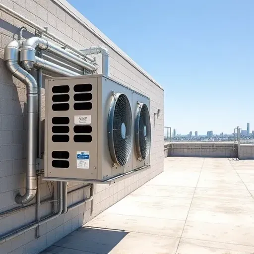 Commercial air conditioning unit installed on a modern industrial building rooftop in Fort Worth TX with ductwork and safety railings