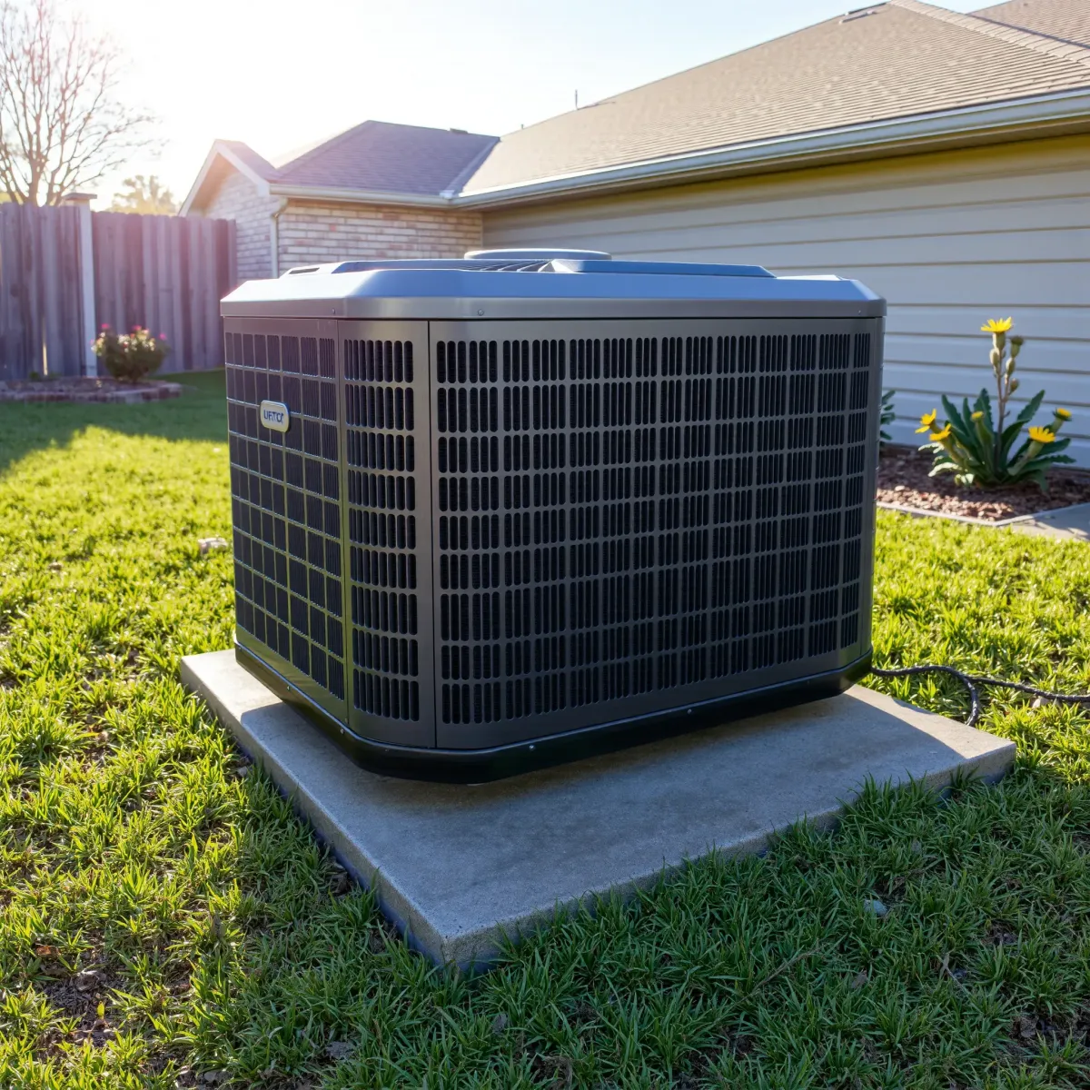 Outdoor residential HVAC unit in Forest Hill, TX backyard with shrubs, lawn, clear sky, and suburban home in background.