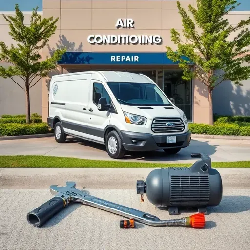 Modern AC repair shop in North Richland Hills, TX with branded van, tools, landscaped background, and professional storefront.